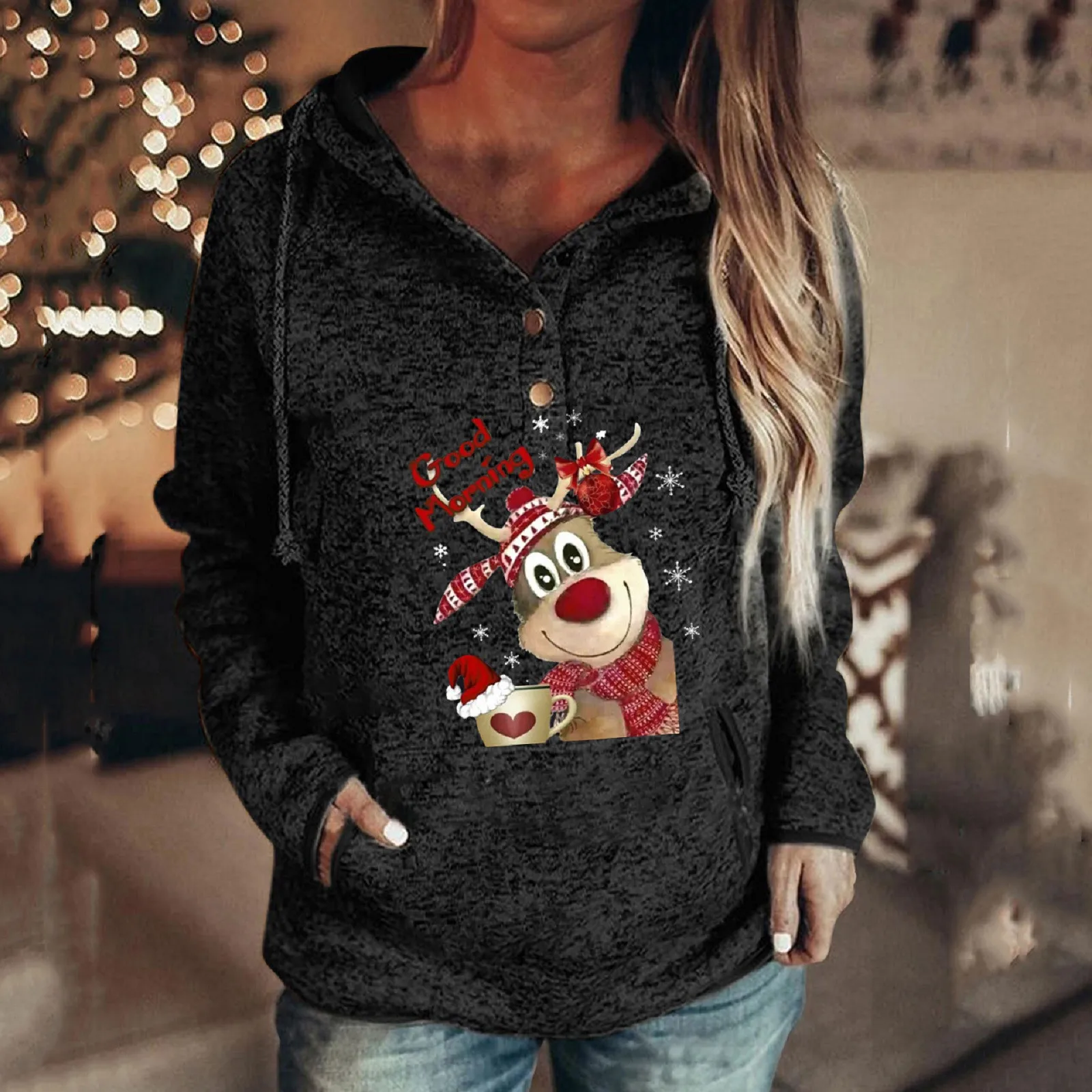 

Winter Women Casual Christmas Sweaters long Sleeves Buttons Collar Pockets Sweaters Adjustable Hat Drawstring Pullover Tops