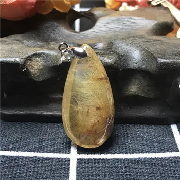 

100% Natural Gold Rutilated Quartz Pendant For Women Lady Crystal 34x17x11mm Clear Stone 925 Silver Necklace Pendant AAAA