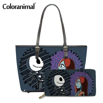 

Coloranimal Fashion Women Leather Tote Handbags Brand Jack The Nightmare Before Christmas Printed Pattern Shoulder Bags for Lady