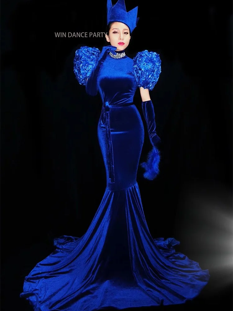 Crown Singer Stage ballroom Velvet Dance Costumes Evening skirt Party Long Tail Dresses Outfit Women Performance clothe Backless