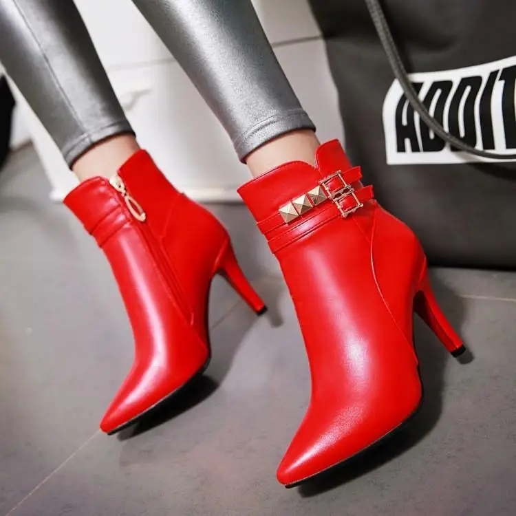 Women's winter boots Europe PU solid color thin heels 9cm fashion ankle boots ZETMTC brand women's shoes red buckle pointed