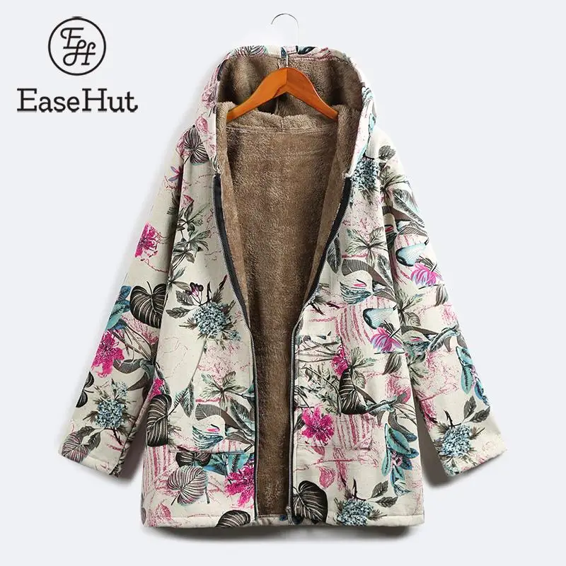 EaseHut Женское зимнее пальто цветочный принт с капюшоном карманы винтажные тонкие парки женские повседневные теплые осенние куртки 5XL размера плюс