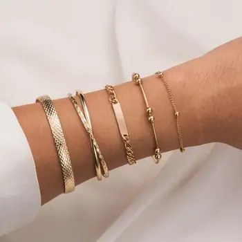 

5 Pcs/Set Gold Color Open Cuff Bracelets for Women Link Chain Bracelets Bangles Set Fashion Bracelets Woman 2020 New