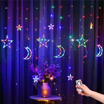 220V Eu Plug Moon Star Led Gordijn Lights Kerstmis Fairy Slingers Outdoor Led Twinkle String Lights Holiday Festival Decoratie