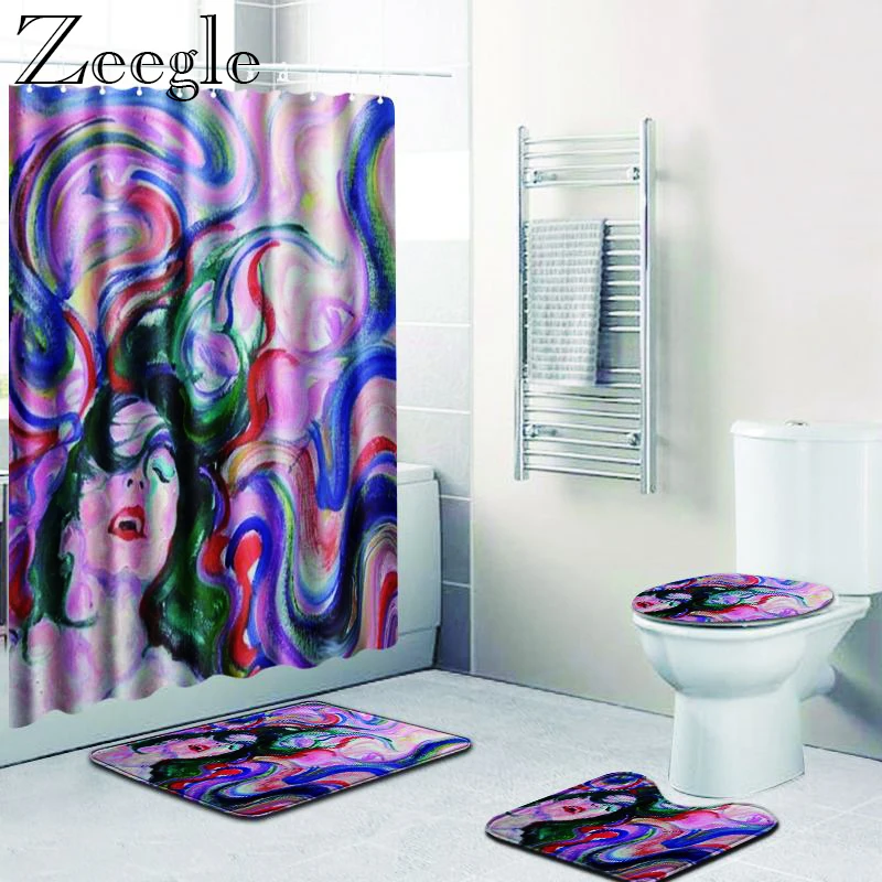 Colorful Woman Printed Waterproof Bathroom Curtain Decoration Shower Anti-slip Carpet Set Toilet Pedestal Rug | Дом и сад