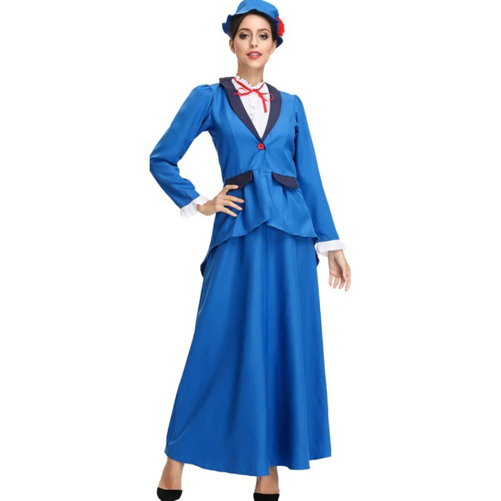 Синий Mary Poppins Косплей Костюм викторианская няня маскарадное платье винтажное Edwardian стиль синее платье костюмы на Хэллоуин для женщин - Цвет: Синий