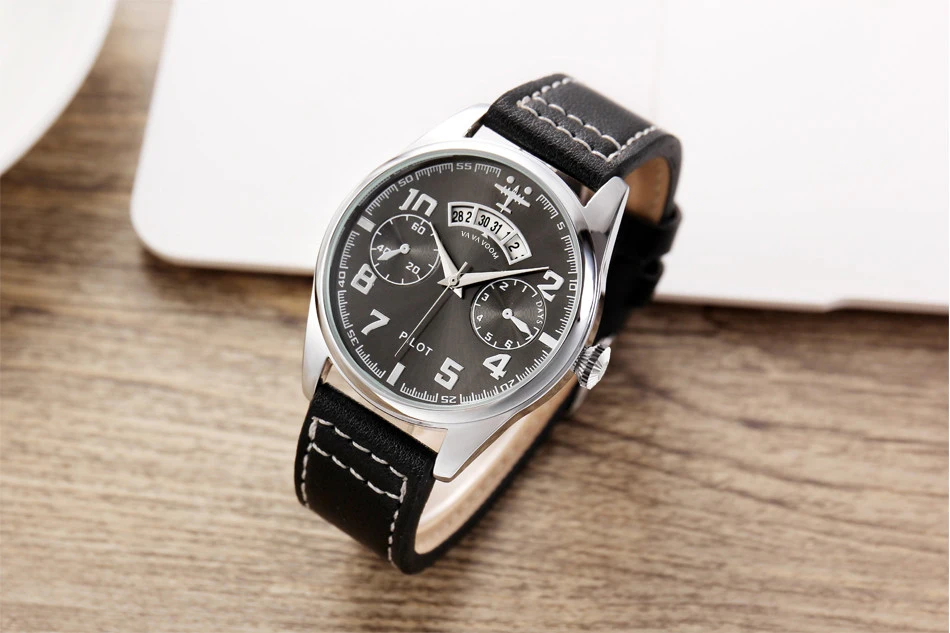 Airplane Sports Military Blue Dial Pilot Calendar Men Wristwatch Chronograph Fashion Casual Brand Army Brown Leather Watches