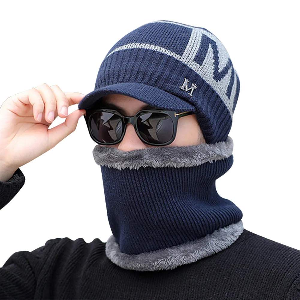 style letter Men Knit Cap with Neck Gaiter Knit Visor Beanie Fleece Lined Thickened Cap Set ASD88 - Цвет: style letter
