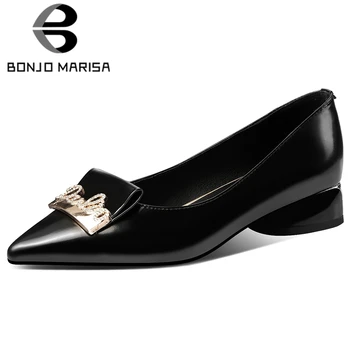 

BONJOMARISA Spring Med Chunky Heels Office Pumps Concise Shallow Genuine Leather Pumps Women Pointed Toe OL Shoes Woman