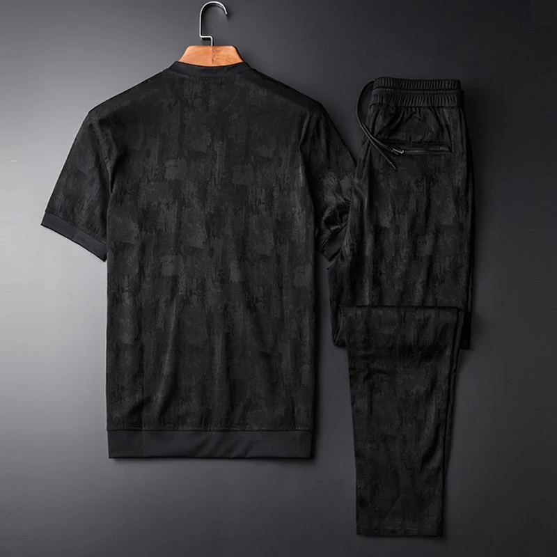 Minglu летние мужские комплекты(T-SHIRTS+ брюки) размера плюс 4xl стоячий воротник с коротким рукавом мужские комплекты модные облегающие мужские комплекты с брюками