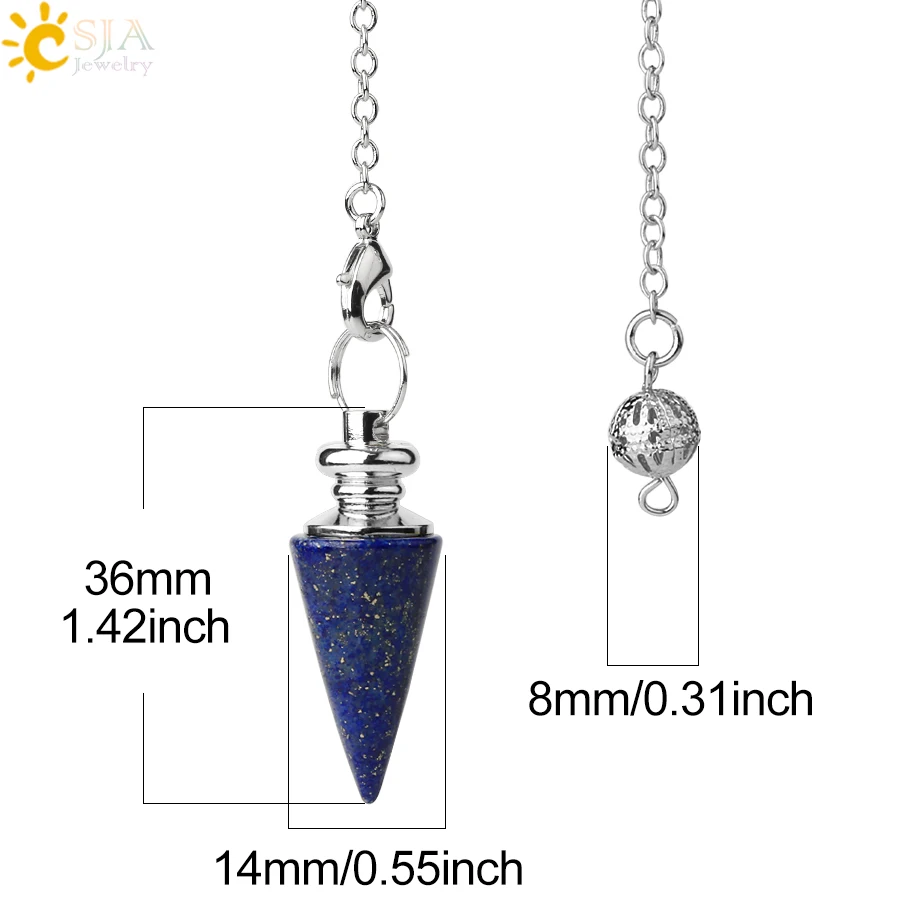 CSJA Conical Pendulum Natural Stone Taper Pendulums Silver Color Chain Crystal Pendants for Dowsing Spiritual Reiki Pendulo G491