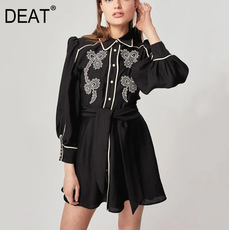 

DEAT 2020 New Spring Single Breasted Embroidery Print Puff Sleeve Dress Women Vintage Loose Slim Lace-up Fashion Dress PD566