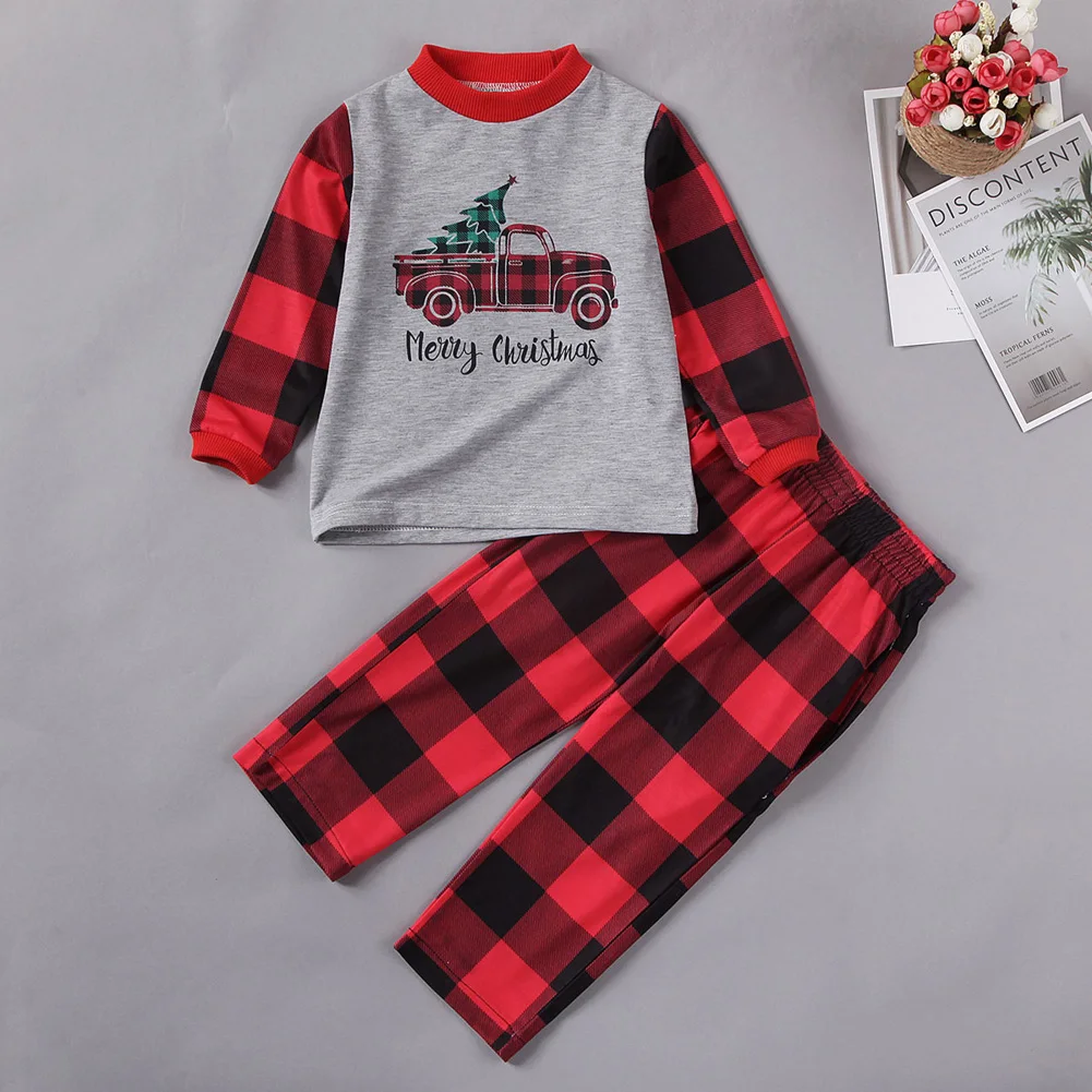 Семейные рождественские пижамы для взрослых и детей; Рождественская одежда для сна; пижамы; топы с длинными рукавами+ клетчатые штаны; комплекты из 2 предметов