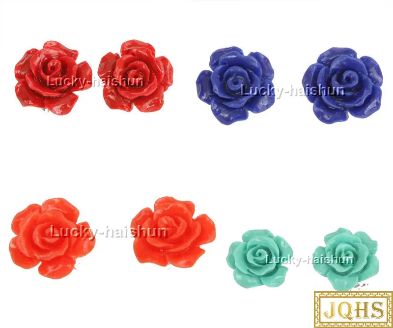 

12mm carved rugosa rose flower red pink blue simulated turquoise coral Earrings 925 silver postj12385