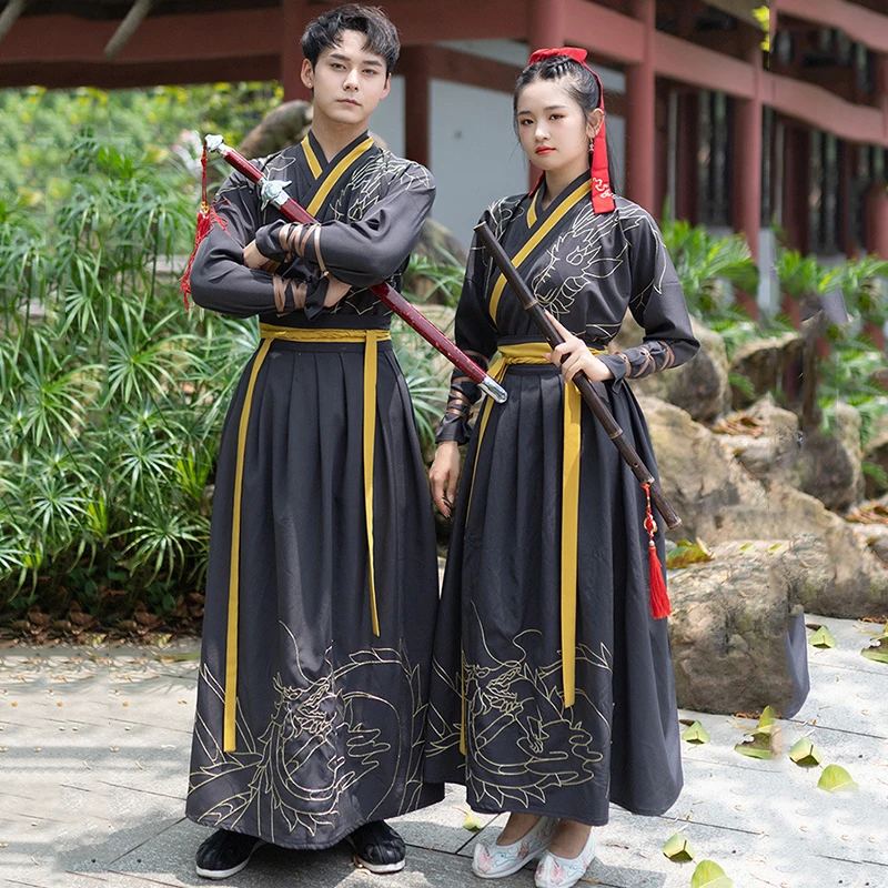 Пары Hanfu костюмы древний Китай женский черный Дракон узор народный танец одежда традиционный фестиваль наряд для взрослых DN4898