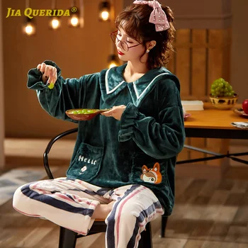 

Long Sleeve Long Pants Sleepwear Winter Warm Pajamas Set Pj Set Turn Down Collar Homesuit Homeclothes Green Top Flannel