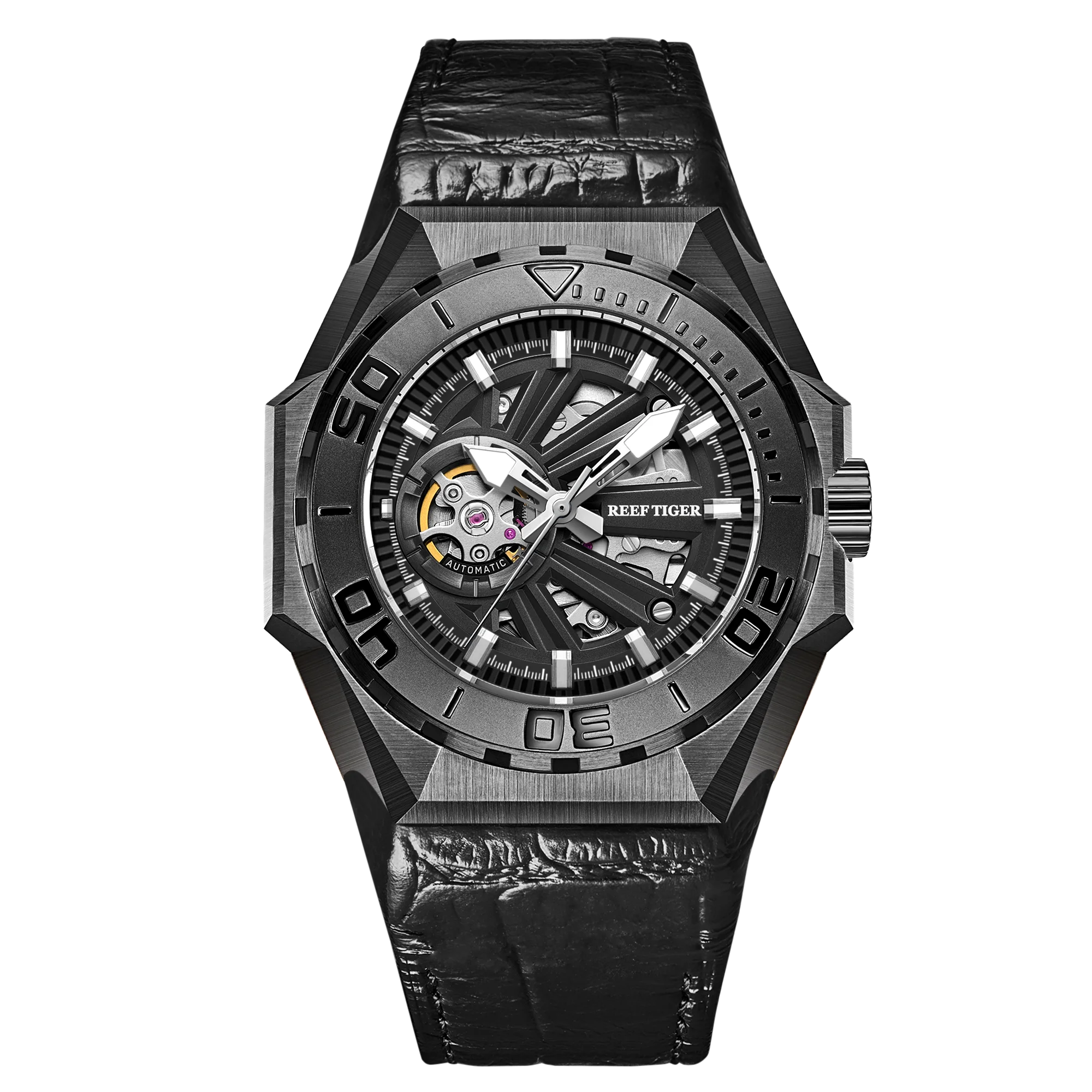 Reef Tiger/RT Luxury Brand Sport Watches Rose Gold Automatic Mechanical Skeleton