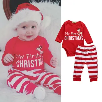 

2PCS Newborn Baby My First Christmas Girl Boy Xmas Clothes Cartoon Elk Long Sleeve Romper Tops+Stripe Pants Outfits 0-18M