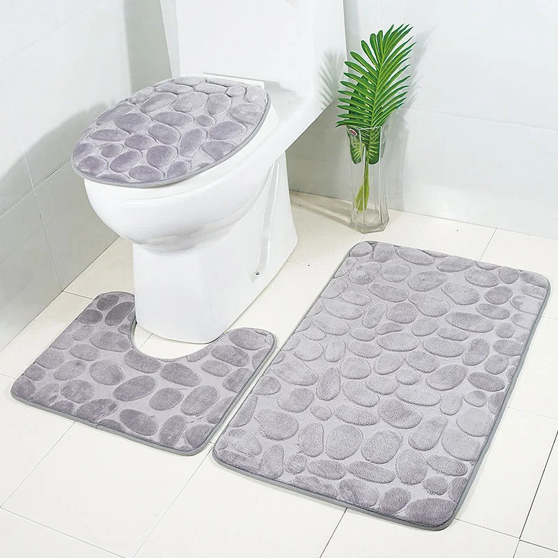 

3pcs Set Non Slip Bath Mat Set Super Soft Pedestal And Bath Rug Quick Drying Bathroom Mat Carpet U-Shaped PadToilet Seat Cover