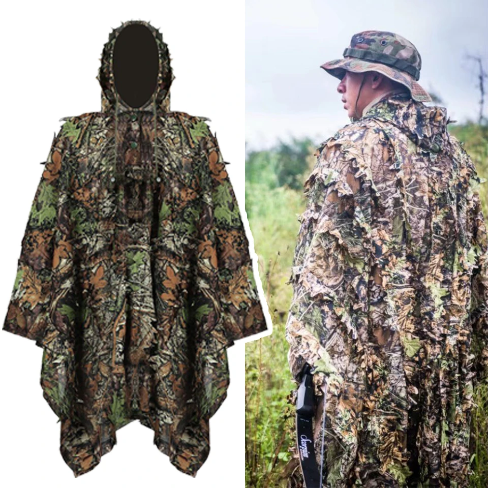 Hunting Poncho 3D Leaves Lightweight Camouflage Ghillie Suit Cloak Spring Autumn 
