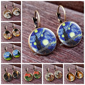 

Fashion Bronze Color Simple Style Earings Van Gogh Famous Artist Starry Night Stud Earrings Glass Cabochon Jewelry Women Gifts