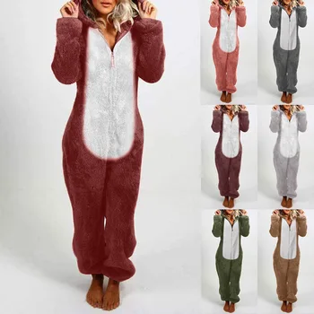 

Fleece Plush Sleepwear Autumn Winter Female Long Sleeve Hoodies Nightwear Pajamas One Piece Velvet Warmer Sleepwear Jumpsuits