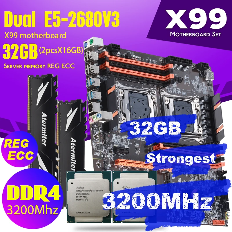 Материнская плата Atermiter Dual X99 + процессор Intel XEON E5 2011 V3 * 2 Оперативная память 2*16 Гб