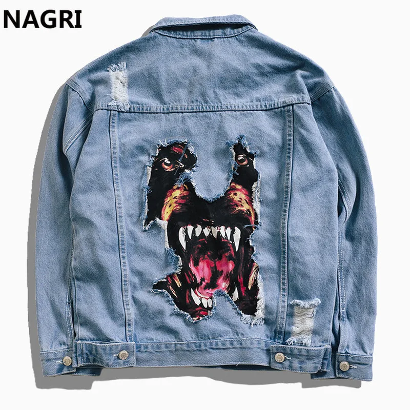 

Denim Jacket Men Streetwear Hip Hop Ripped Distressed Jeans Jacket Coat Dog Head Printing Unisex Cowboy Casual Jackets and Coats