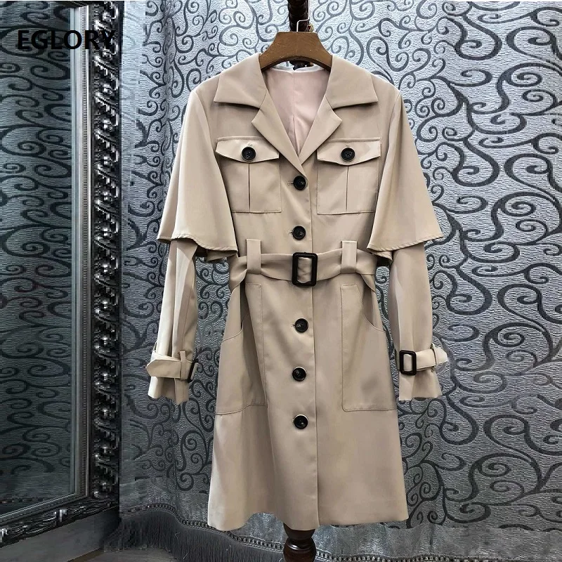 High Quality Long Coat Autumn Work Outerwear Women Turn-down Collar Single Breasted Adjustable Belt Coat Trench Ladies