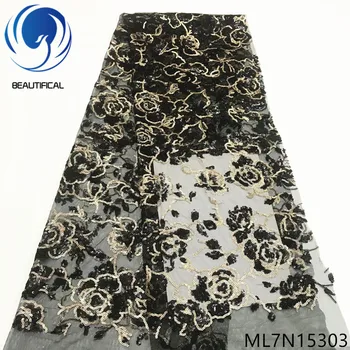 

Beautifical african lace fabrics 2019 New french net lace embroidery sequins fabric for women dress 5yards lace fabrics ML7N153