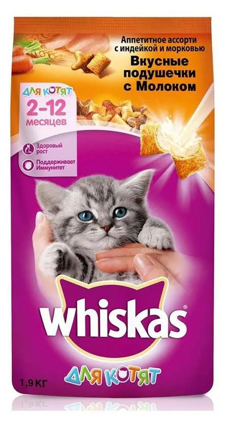 Корм для котят Whiskas подушечки молочные индейка/морковь, 1900 гр