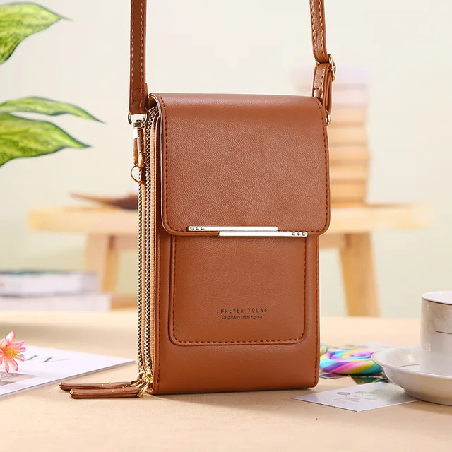 Soft Leather Wallets Touch Screen Mobile Phone Bag for Female Mini Card Holder for Key Coin Purse Vertical Crossbody Money Bags Brown