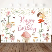 

Mocsicka Butterfly Fairy Happy Birthday Backdrop Girl Birthday Baby Shower Photography Background for Photoshoot Props Mushroom