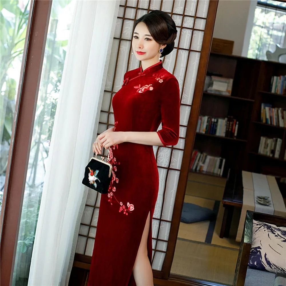 Shanghai Story/Новое поступление 3/4, длинное платье Qipao с рукавами бархатное китайское платье с разрезами по бокам и воротником-стойкой, с