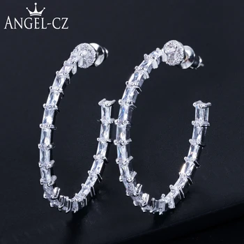 

ANGELCZ Top Quality Baguette Cubic Zirconia Popular Big Circle Round Hoop Earrings Simple Jewelry With 925 Silvery Ear Pin AE267
