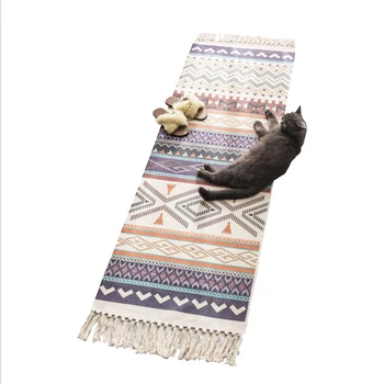 

Retro Bohemian Style Hand Tassel Woven Cotton Linen Carpet Bedside Rug Geometric Floor Mat Long Rug Home Decoration