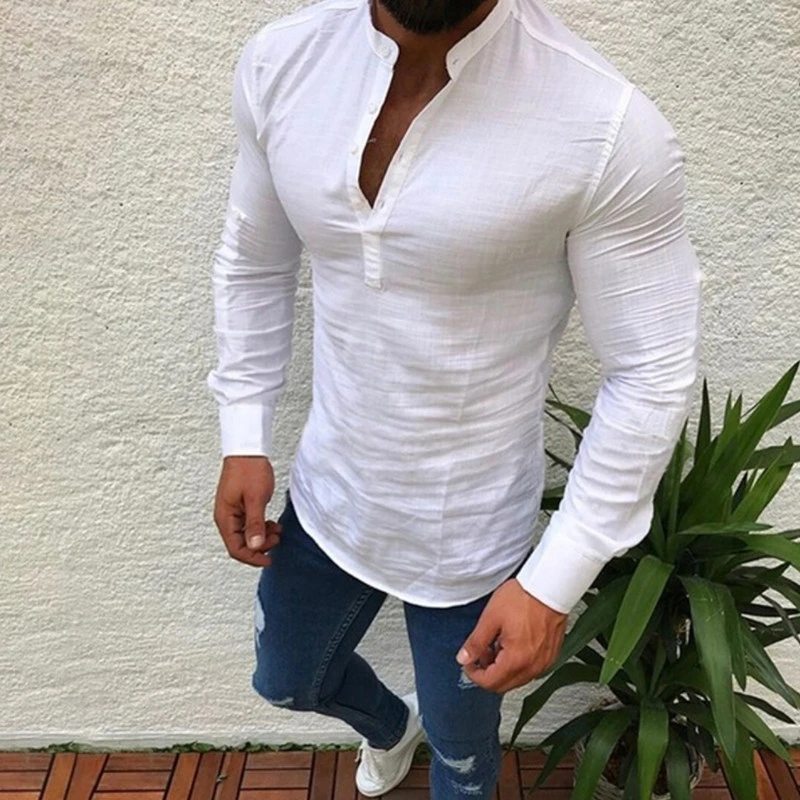 Camisa de manga larga para hombre, camisa blanca negra con cuello levantado, retales, informal, de negocios, Top de verano|Camisetas| - AliExpress