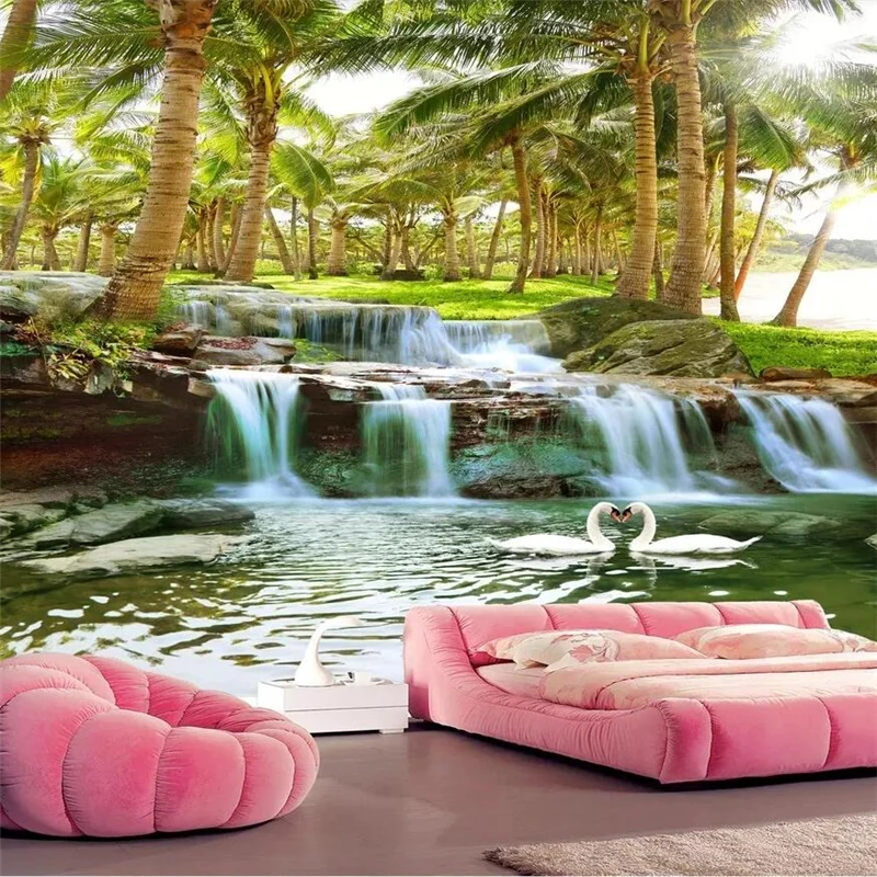 Настройка Hainan остров кокосовое дерево лес вода водопад пейзаж живопись Большое Настенное панно на заказ зеленые обои