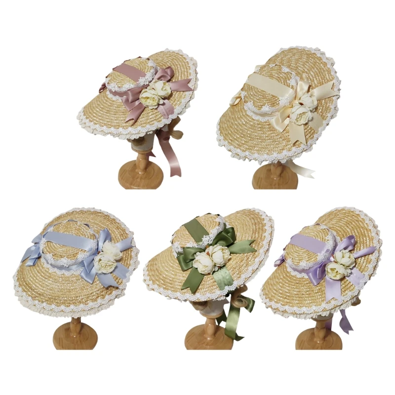 Japanese Lolita Straw Sun Hat Lace Patchwork Ribbon Bandage Bowknot Wide Brim Beach Flat Hat