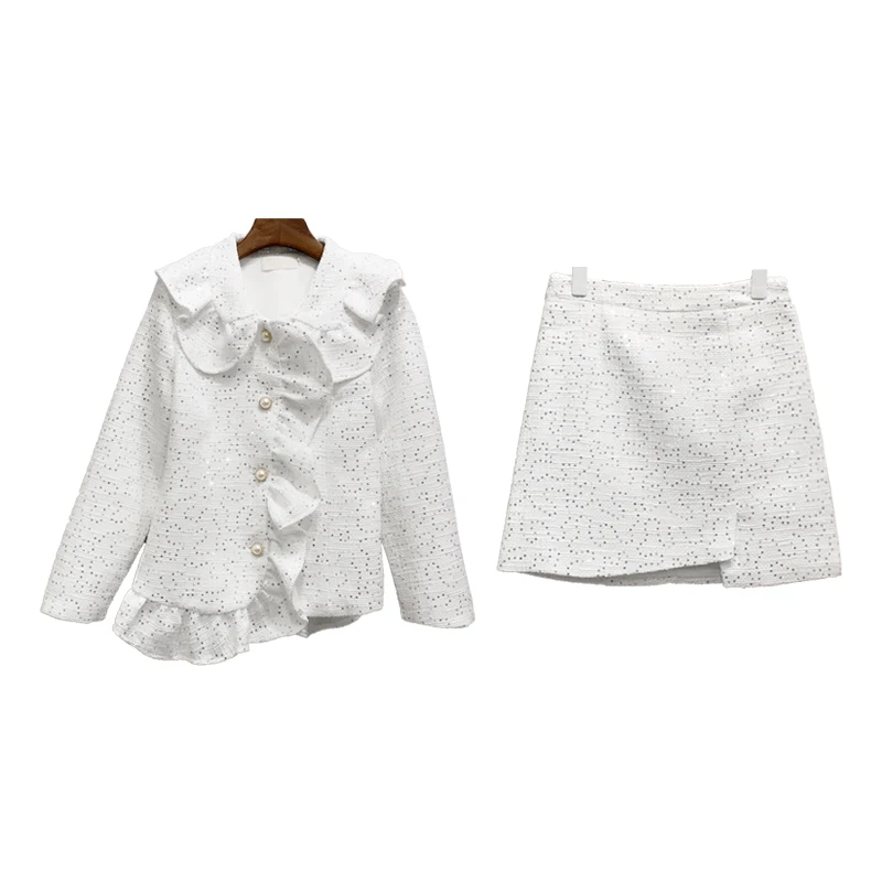 ALPHALMODA Блестящий твидовый милый кардиган с рюшами жакет + Асимметричная мини юбка