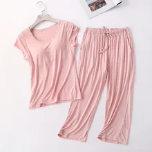 Sexy Women Modal Bra-T New Pajamas Sets Padded Top Pants All Match Comfortable Pink Sleepwear Solid Short Lingerie