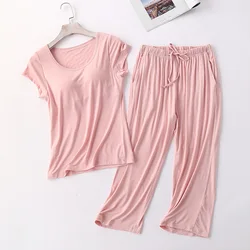 Sexy Women Modal Bra-T New Pajamas Sets Padded Top Pants All Match Comfortable Pink Sleepwear Solid Short Lingerie