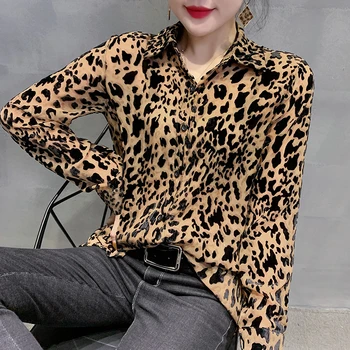 

Loose 2020 Spring Autumn European Clothes Leopard Blouse Womon Chiffon Shirt Button Button Long Sleeve Tops Ropa Mujer T9D909