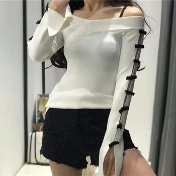 

Slash Neck Women Sweaters and Pullovers 2020 New V-eck Cut Out Bows Long Sleeve Knit Sweater Women White Black Slim Sexy Tops