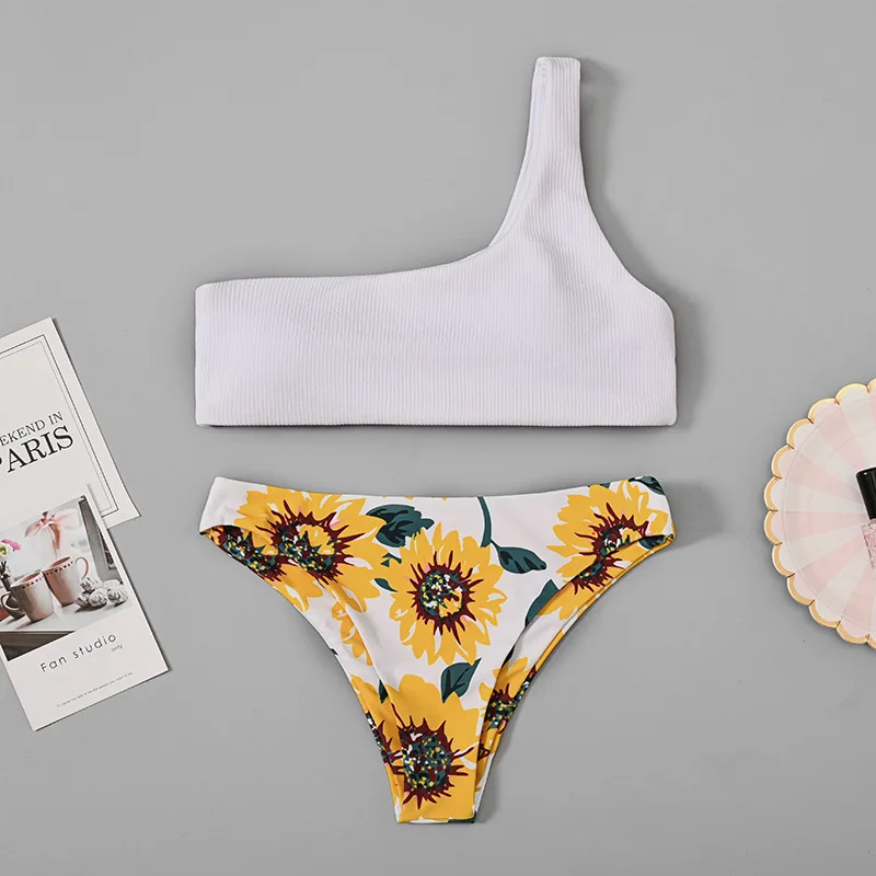 

Melphieer Micro Bikinis Set Women's Sunflower Print Bikini Brazil One Shoulder Swimwear Femaile Swimsuit Biquini Bathing Suit XL
