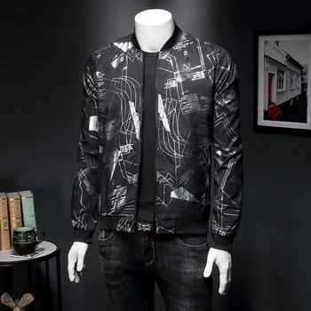 

Black Bomber Jacket Men 2020 Spring Autumn Men Line Printing Casual Jacket Coat Flower Slim Fit Pattern Bomber Jacket Men 5xl
