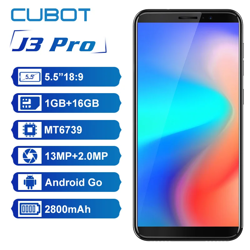 Оригинальный Cubot J3 Pro Android go 18:9 полный экран 1 Гб 16 Гб 5,5 дюйма MT6739 четырехъядерный смартфон 2800 мАч 4G мобильный телефон