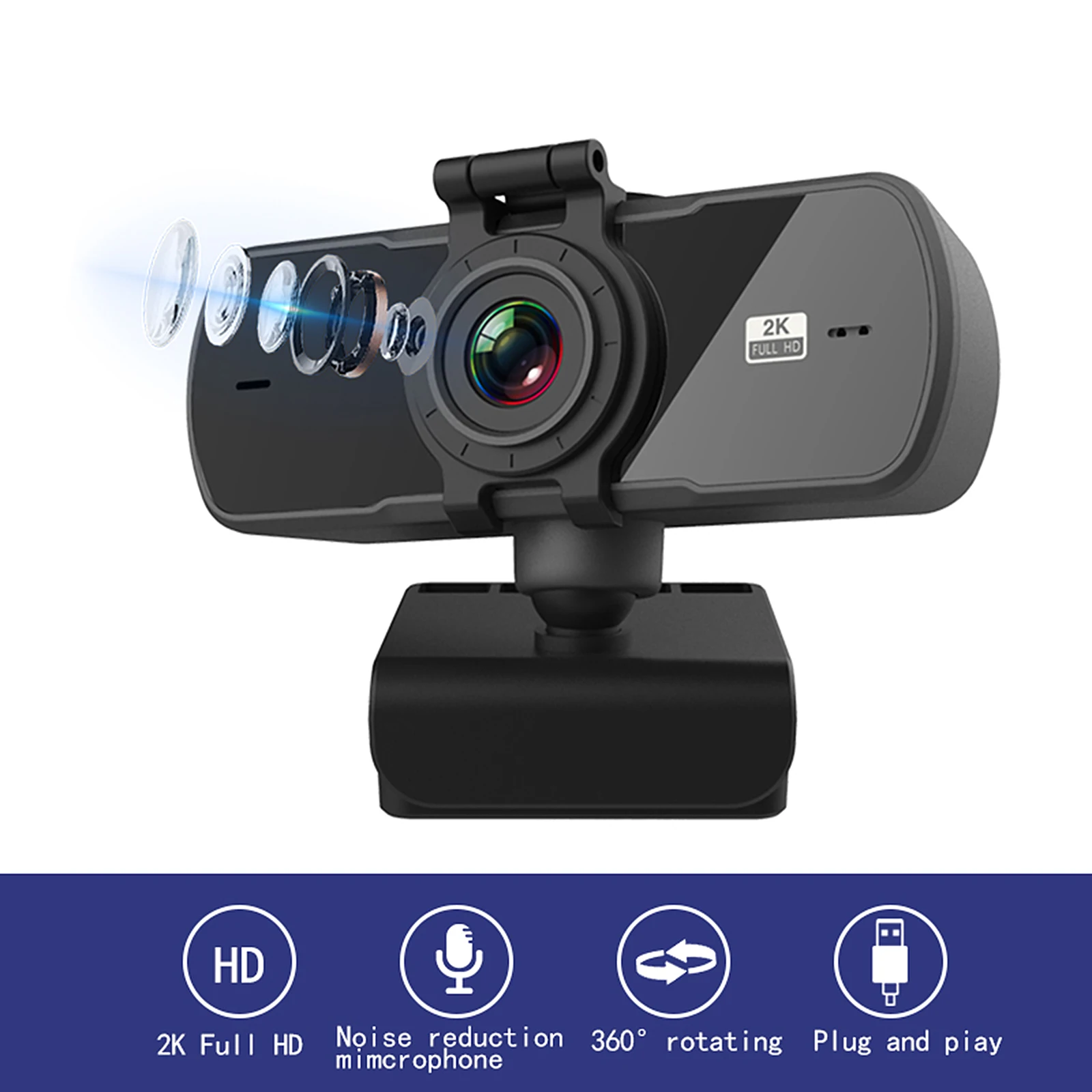 Full HD Rotatable 2K Webcam with Mic Microphone Auto Focus HD Web Camera for PC Laptop Video Calling Studying