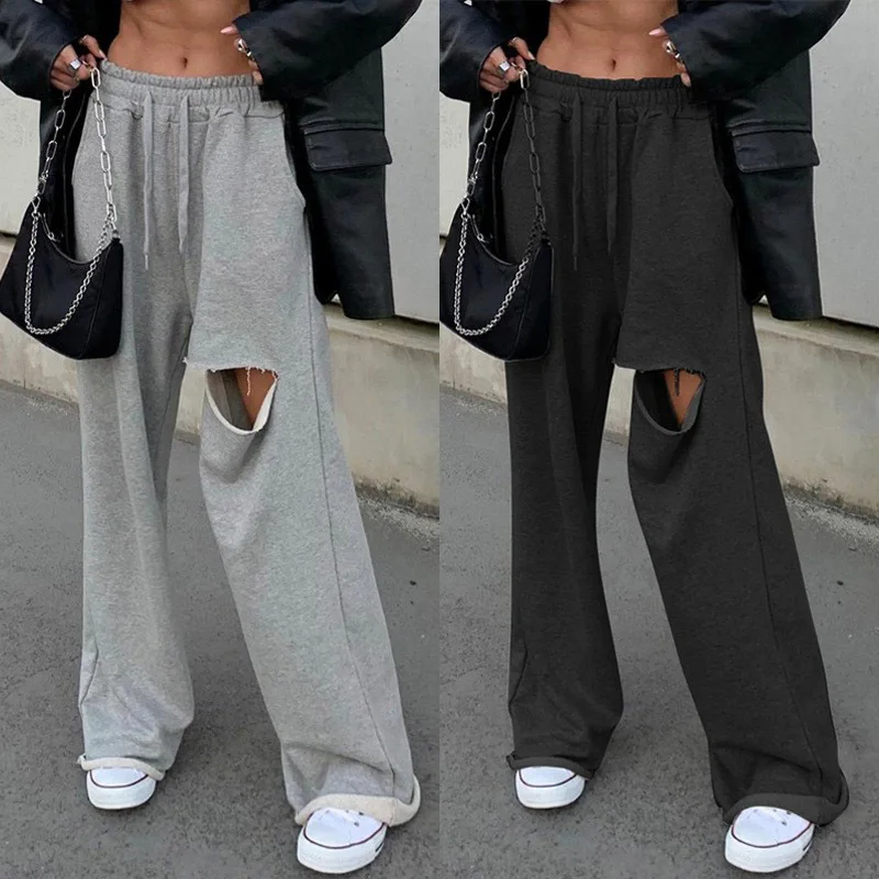 Punk Wide Leg Pants Women Casual Loose Streetwear Outfits Hole High Waist Hip Hop Women Sweatpants Casual Pants Black Gray Punk Wide Leg Pants Women Casual Loose Streetwear Outfits Hole High Waist Hip Hop Women Sweatpants Casual Pants Black Gray