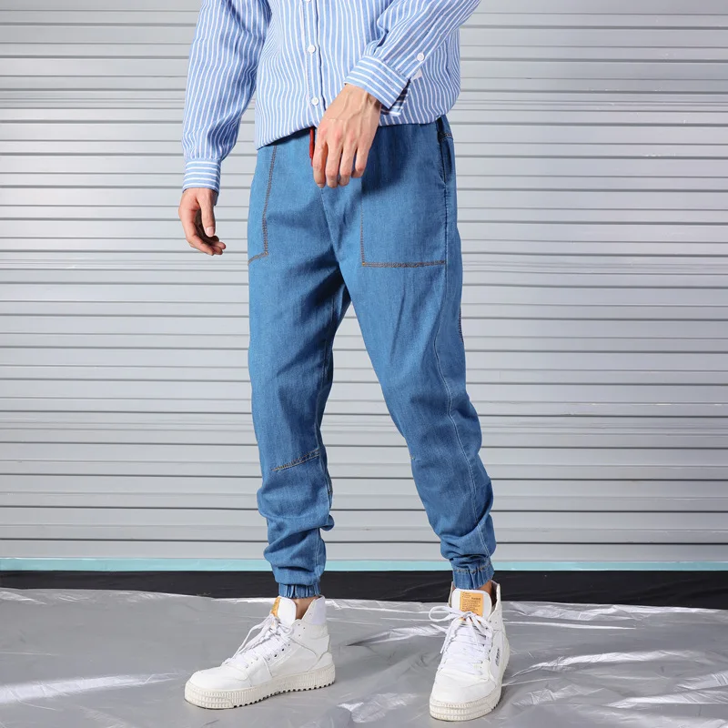 

Japanese-style Retro Summer Loose-Fit Jeans Fashion Man Elastic Waist Ankle Banded Pants Hong Kong Style Harem Pants Hip Hop Cap